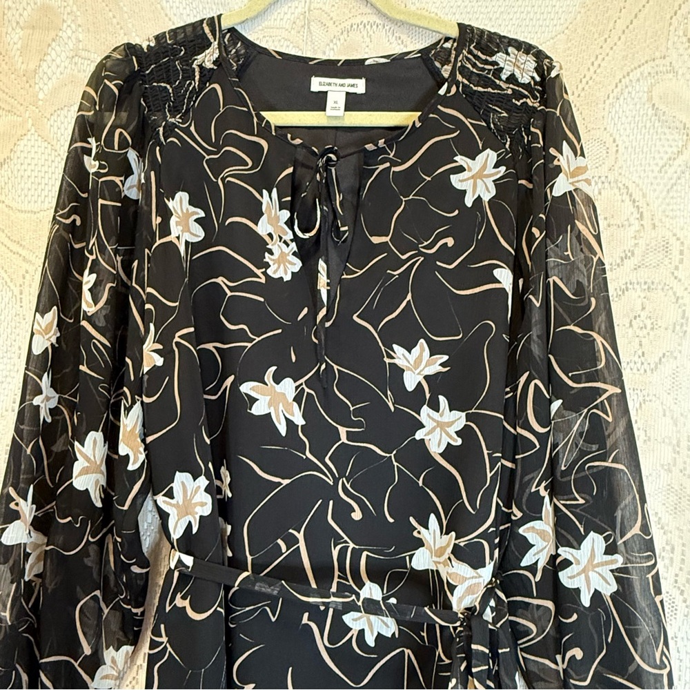 Elizabeth and James Black Floral Sheer-Sleeve Dress – Size XL - Picture 5 of 11
